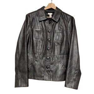 Chico's 1 Faux Leather Gray Jacket Utility Buttons & Pockets Womens Size M